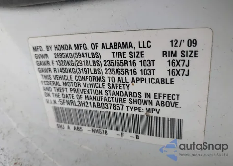 2010 Honda Odyssey Lx z USA, uszkodzony, nr VIN 5FNRL3H21AB037857